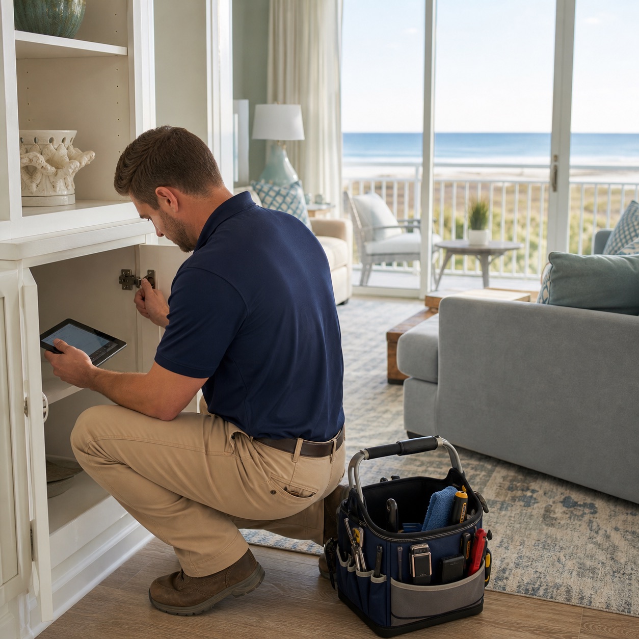 Condo-care professional inspecting cabinet hardware in a Gulf Coast condo
